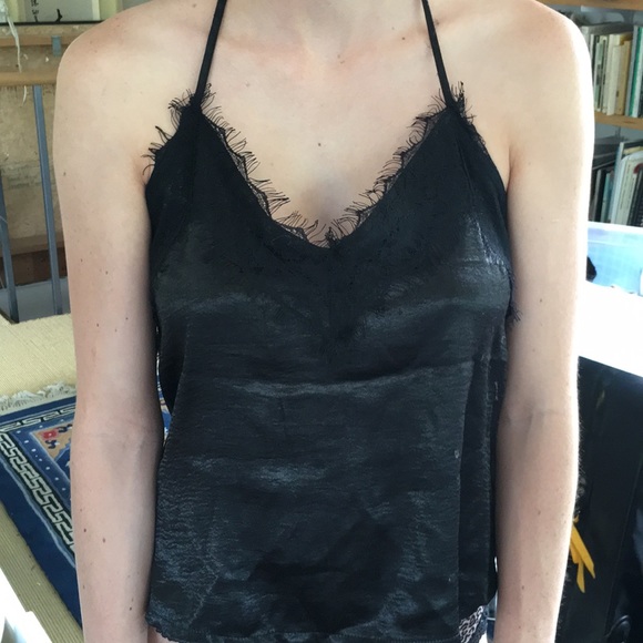 LF black satin flowy tank with lace trim - Picture 2 of 4